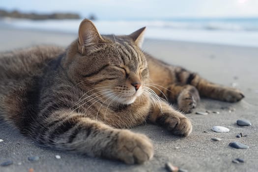 A cat at the beach relaxing sitting on sand on a sunny beautiful day