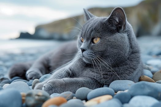 A Carthusian cat on a beach looking at the sea, in a sunny beautiful sunny day