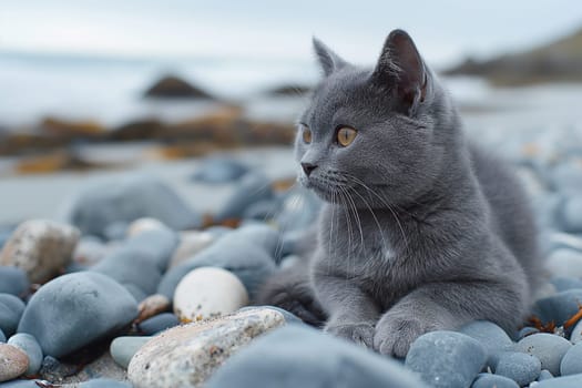 A Carthusian cat on a beach looking at the sea, in a sunny beautiful sunny day