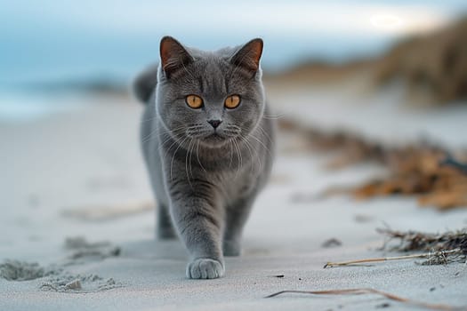 A Carthusian cat on a beach looking at the sea, in a sunny beautiful sunny day