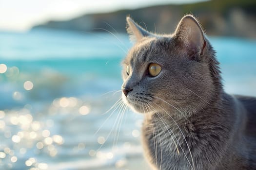 A Carthusian cat on a beach looking at the sea, in a sunny beautiful sunny day