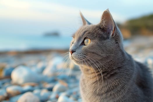 A Carthusian cat on a beach looking at the sea, in a sunny beautiful sunny day