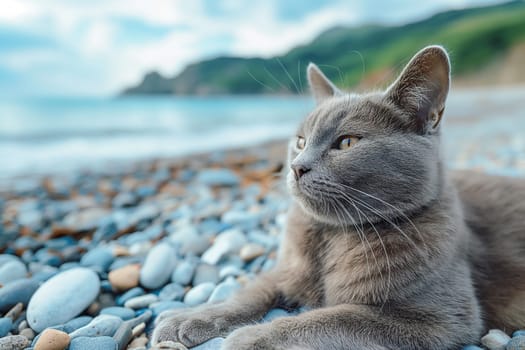 A Carthusian cat on a beach looking at the sea, in a sunny beautiful sunny day