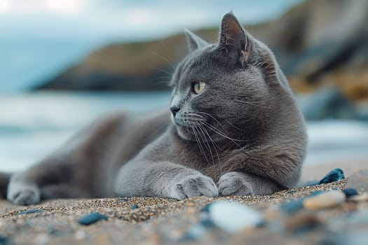 A Carthusian cat on a beach looking at the sea, in a sunny beautiful sunny day