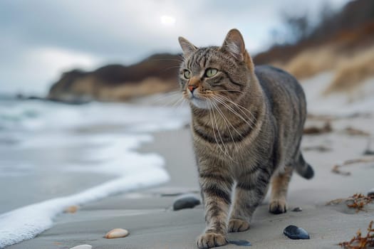 A cat walking at the beach with beautiful sunset, peaceful day