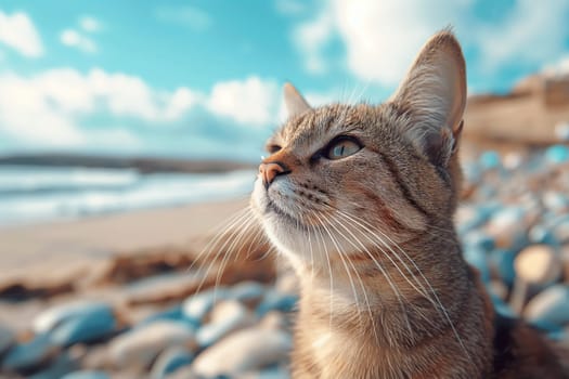 An orange cute cat at the beach on a sunny day