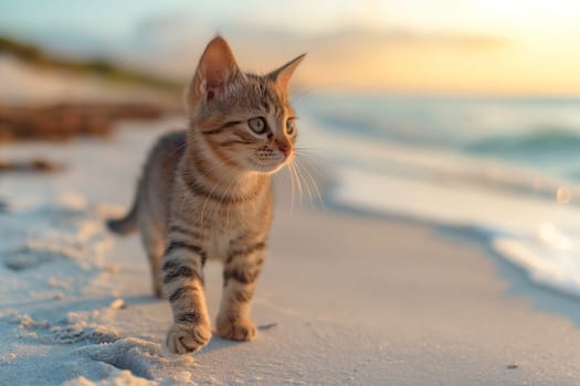 A cat walking at the beach with beautiful sunset, peaceful day