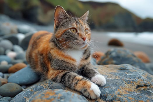 A cat on a pebble beach on sunny day