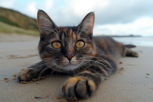 A cat at the beach relaxing sitting on sand on a sunny beautiful day