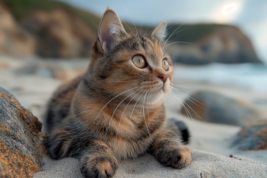 A cat on a pebble beach on sunny day