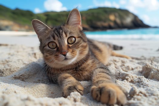 A cat at the beach relaxing sitting on sand on a sunny beautiful day