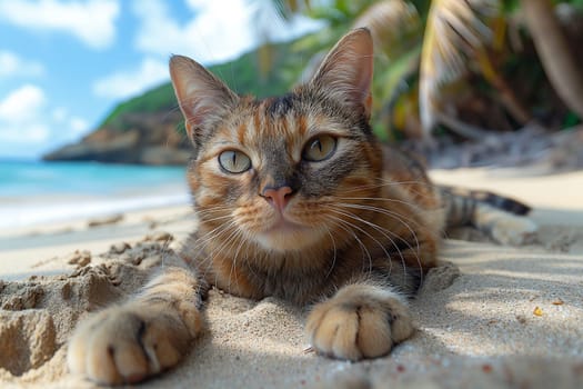 A cat at the beach relaxing sitting on sand on a sunny beautiful day