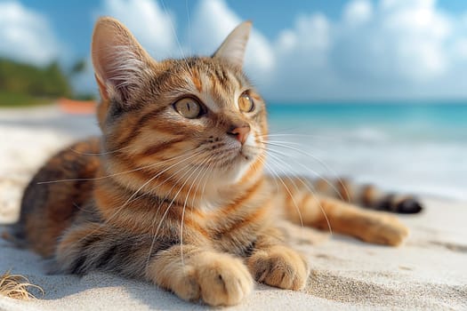 A cat at the beach relaxing sitting on sand on a sunny beautiful day