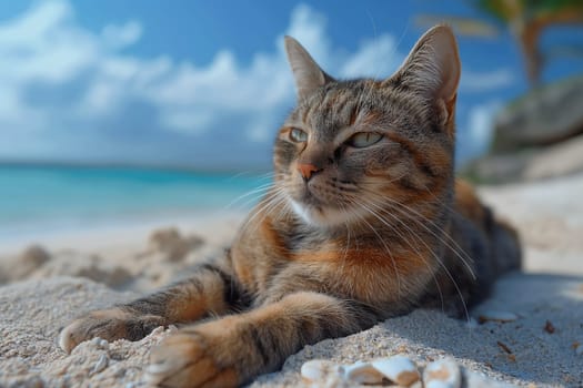 A cat at the beach relaxing sitting on sand on a sunny beautiful day