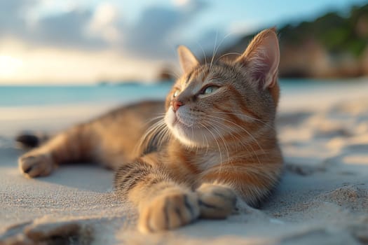 A cat at the beach relaxing sitting on sand on a sunny beautiful day