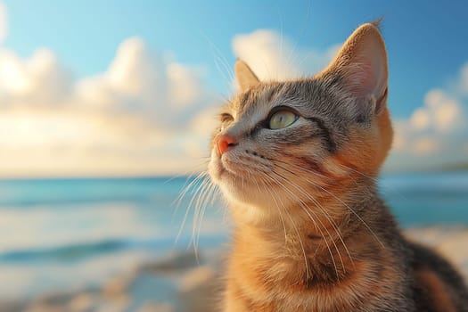 An orange kitten walking at the beach on beautiful sunny day, peaceful day, pebble