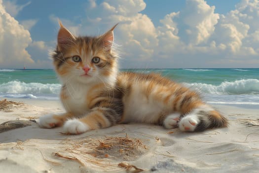 An orange kitten walking at the beach on beautiful sunny day, peaceful day, pebble