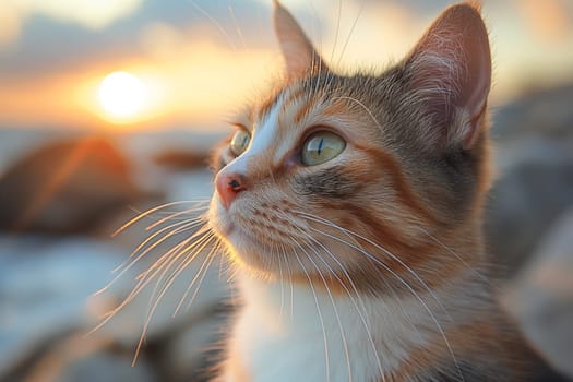 A cat on a beach looking at the sea, in a sunny beautiful sunny day