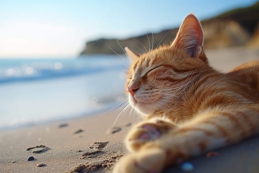 A cat at the beach relaxing sitting on sand on a sunny beautiful day