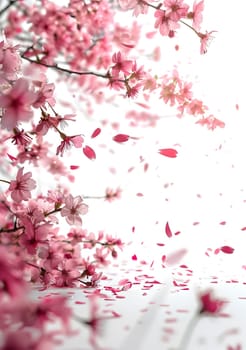 Magenta petals are gracefully drifting from the cherry blossom tree, creating a beautiful pink carpet on the ground below