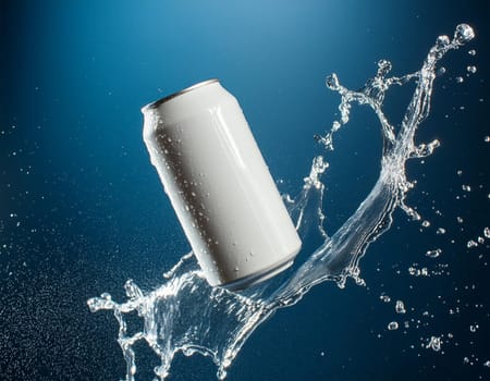 Refreshing cooling: ice-cold beverage can with sparkling water splash