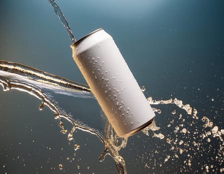 Refreshing cooling: ice-cold beverage can with sparkling water splash