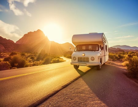 Motorhome at sunrise on the Mediterranean coast Costa del Sol, Andalusia Spain. Camping on the natural beach. Vacation and travel in a motorhome.