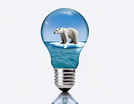 Polar bear in light bulb sinks into the water because the polar ice is melting. Save polar bears. Global warming concept