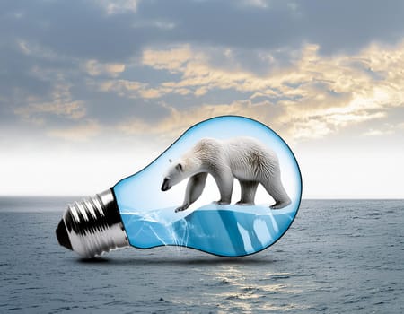 Polar bear in light bulb sinks into the water because the polar ice is melting. Save polar bears. Global warming concept