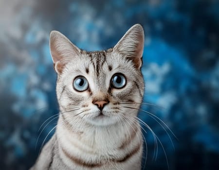 Close-up cat portrait against futuristic blue background