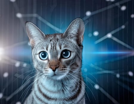 Close-up cat portrait against futuristic blue background