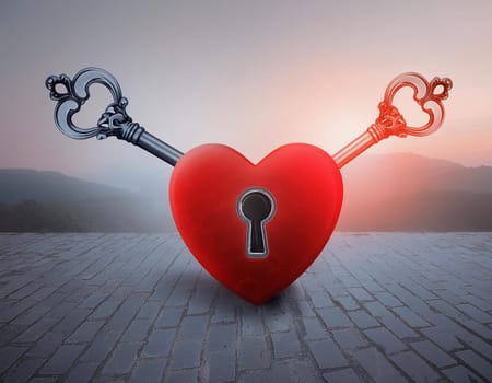 Small hand carved red heart with gold key on rustic wooden table - the key to your heart concept