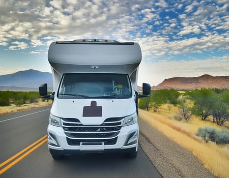 Motorhome camper van on American road. Explore the USA. vacation trip vacation. Motor home, caravan on a road. Caravan camper trailer on the road in America