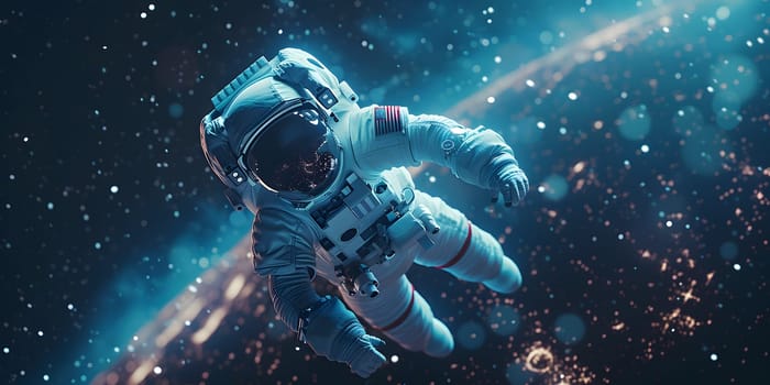 An astronaut is drifting in the darkness of space in front of an electric blue planet, resembling a fictional underwater world. The scene is a blend of art and science fiction