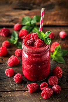 glass of raspberry smoothie on wooden background, drink Generative Ai,