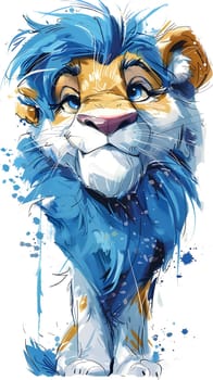 A carnivorous Felidae with a blue mane, roaring fiercely with a jaw full of sharp teeth and whiskers. This big cat is a stunning piece of art, painted in vibrant colors