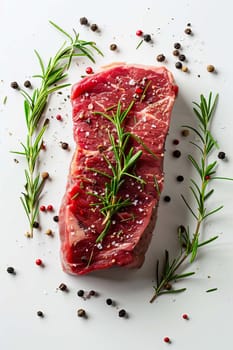 fresh meat steak with rosemary and black pepper on a white table, food Generative AI,