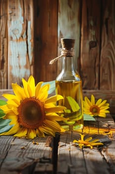 sunflower oil extract on wooden background, nature, Generative AI,