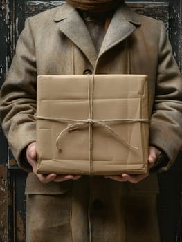 A stylish man in a beige dress shirt and leather jacket is holding a brown box wrapped in matching paper. His fashion design features include a buttonup collar and tailored sleeves