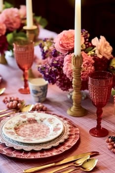 Romantic holiday tablescape, formal dinner table setting, table scape with pink country style decoration for wedding and event celebration, post-processed, generative ai