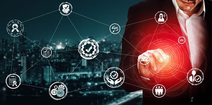 Quality Assurance and Quality Control Concept - Modern graphic interface showing certified standard process, product warranty and quality improvement technology for satisfaction of customer. uds