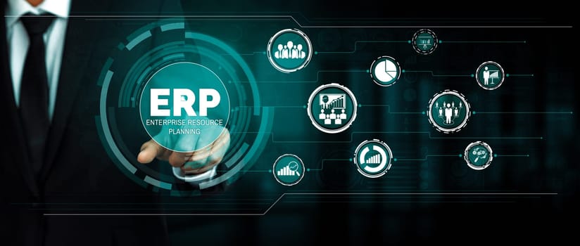 Enterprise Resource Management ERP software system for business resources plan presented in modern graphic interface showing future technology to manage company enterprise resource. uds