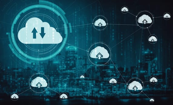 Cloud computing technology and online data storage for business network concept. Computer connects to internet server service for cloud data transfer presented in 3D futuristic graphic interface. uds