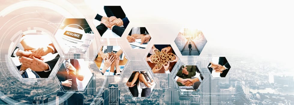 Teamwork and human resources HR management technology concept in corporate business with people group networking to support partnership, trust, teamwork and unity of coworkers in office vexel