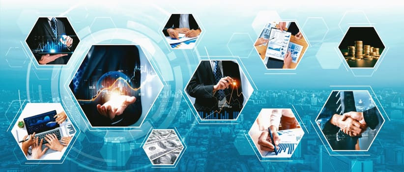 Futuristic business digital financial data technology concept for future big data analytic and business intelligence research for businessman analyst invest decisions making panoramic banner vexel