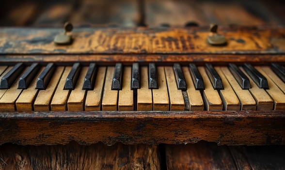 Detailed view of the weathered keys on an old piano.