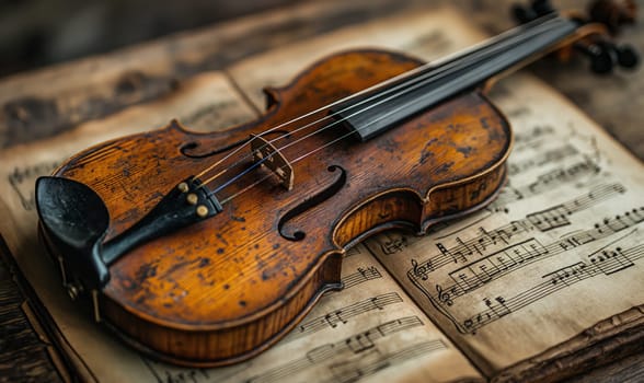 A violin placed on top of an ancient book.