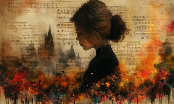 Profile of a woman with background of music sheets.