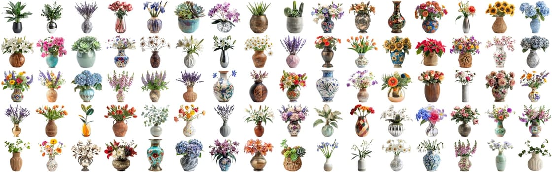 Many flower and plant in vase set of different flower and docoration style of red rose, gebera, sunflower, aloe vera, lavender, orchid and many more flowers, isolated on transparent background AIG44
