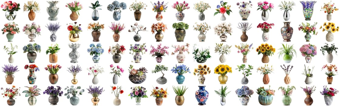 Many flower and plant in vase set of different flower and docoration style of red rose, gebera, sunflower, aloe vera, lavender, orchid and many more flowers, isolated on transparent background AIG44